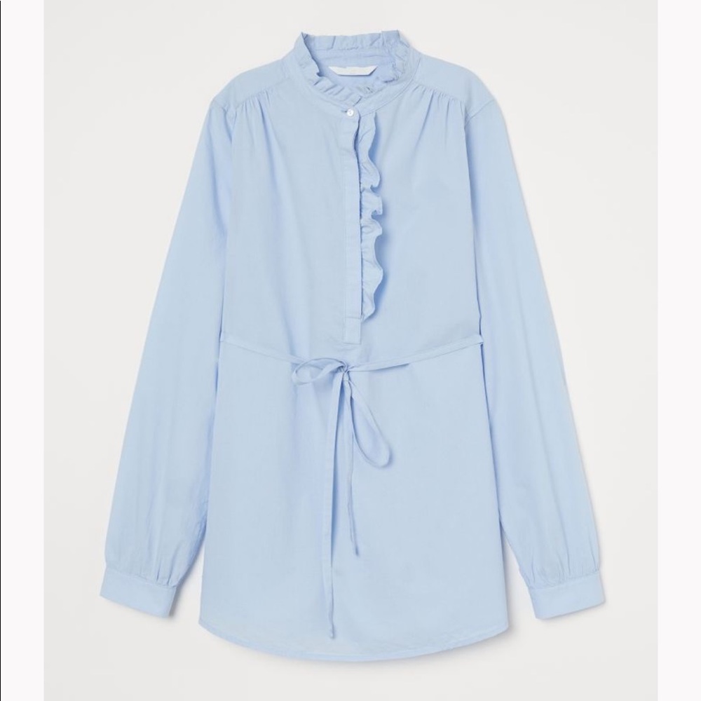 H&M MAMA Maternity Tunic Blouse, Oxford Blue, Ruffle Collar, Size S, NWT, Work